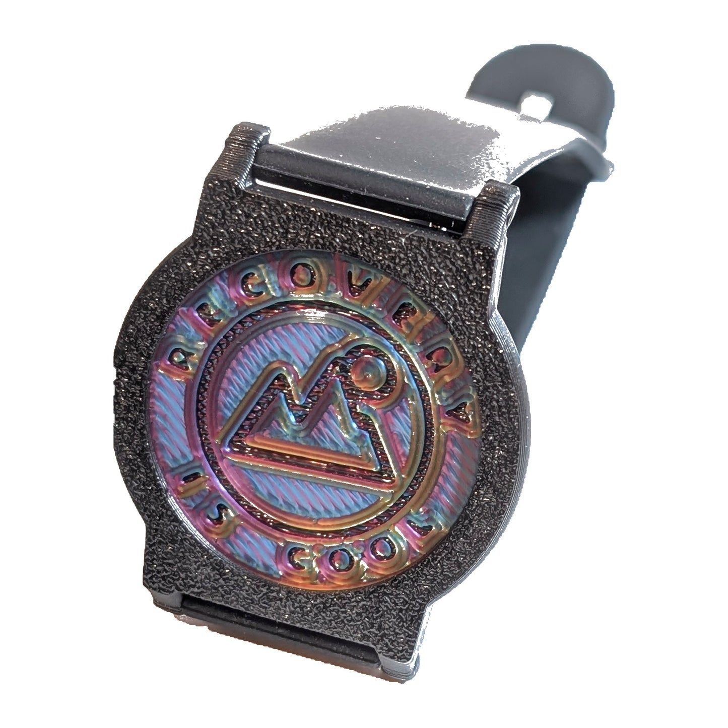 Close-up of a Recovewrist 3D-printed bezel and iridescent recovery milestone coin on a black band