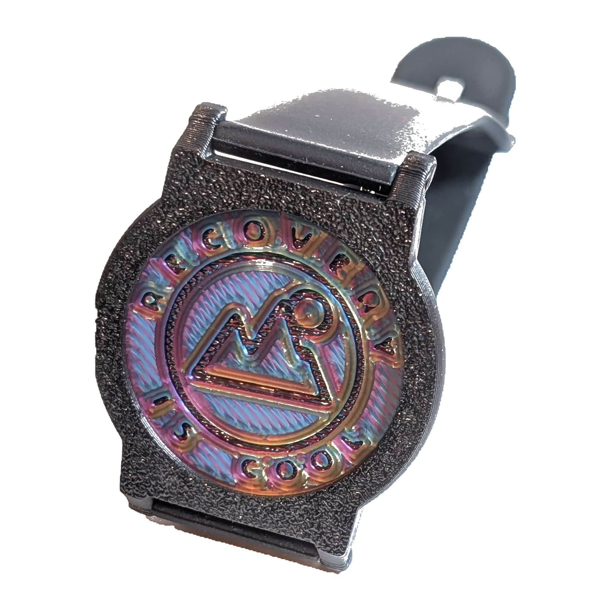 Close-up of a Recovewrist 3D-printed bezel and iridescent recovery milestone coin on a black band