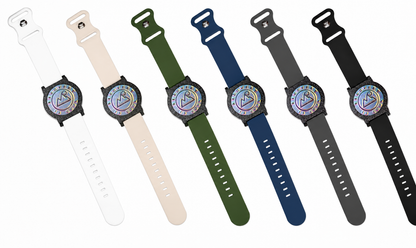 All six Recovewrist band colors laid flat — white, stone, olive green, navy, grey, and black silicone milestone bands, made in Colorado