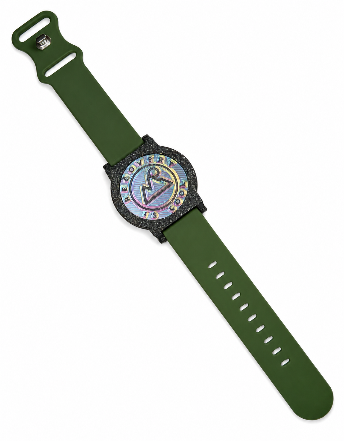 Recovewrist milestone band in olive green, worn watch-style with the iridescent ‘Recovery Is Cool’ recovery coin in a speckled granite bezel — made in Colorado