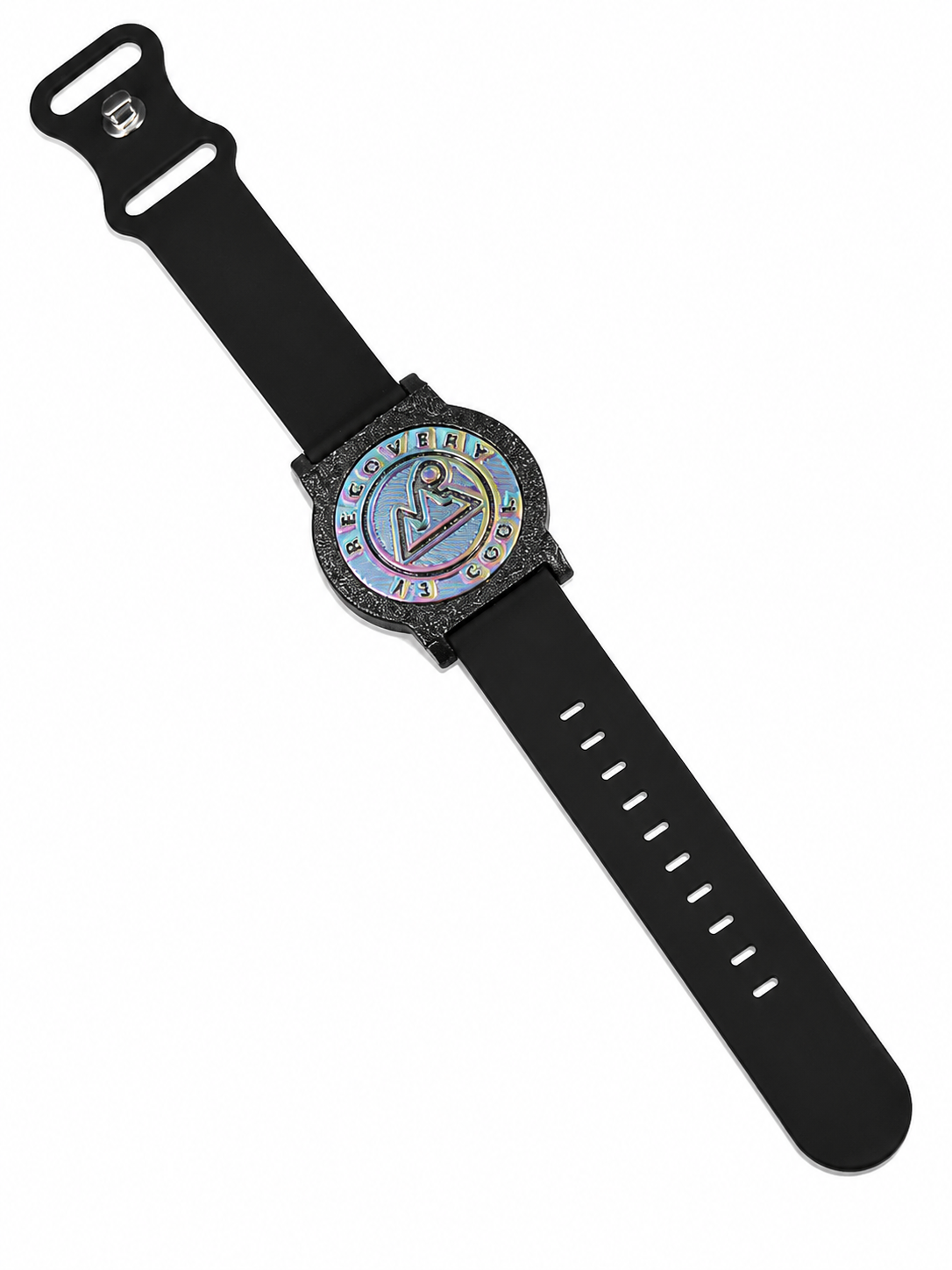 Recovewrist milestone band in black, worn watch-style with the iridescent ‘Recovery Is Cool’ recovery coin in a speckled granite bezel — made in Colorado